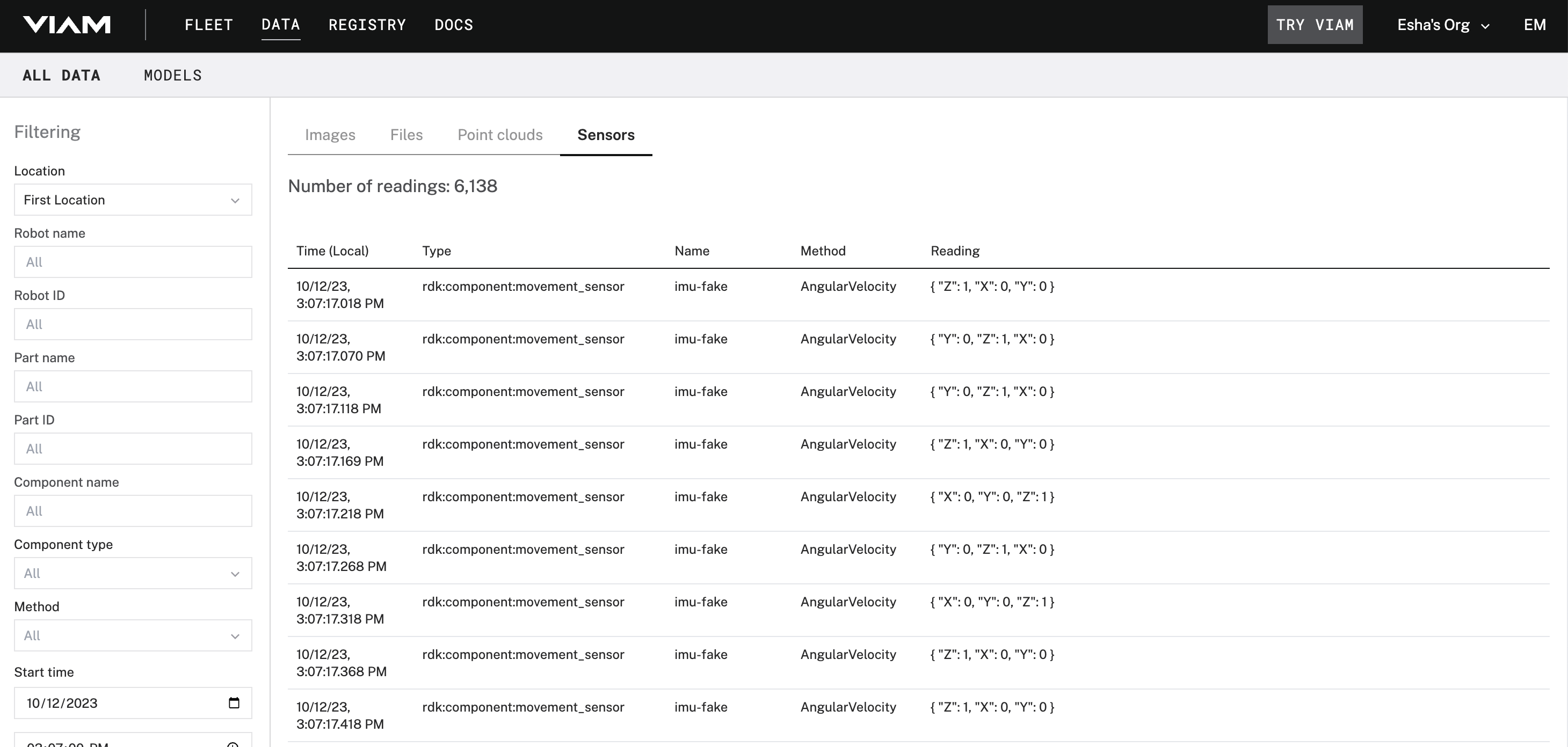 UI showing captured sensor data